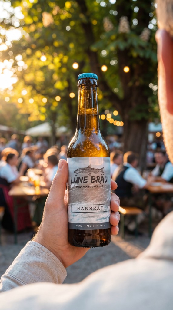 Bierflasche in der Hand im Biergarten bei Abendlicht