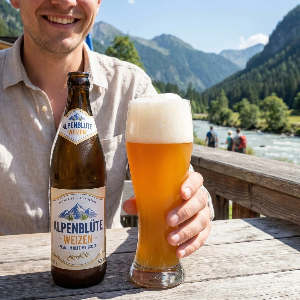 Weißbier-Flasche und Glas am Bergfluss als echtes Praxisbeispiel
